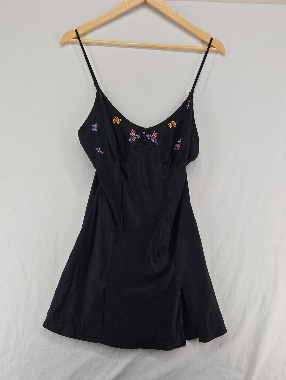 Victoria's Secret Silk Black Slip with Colorful Floral & Butterfly Embroidery